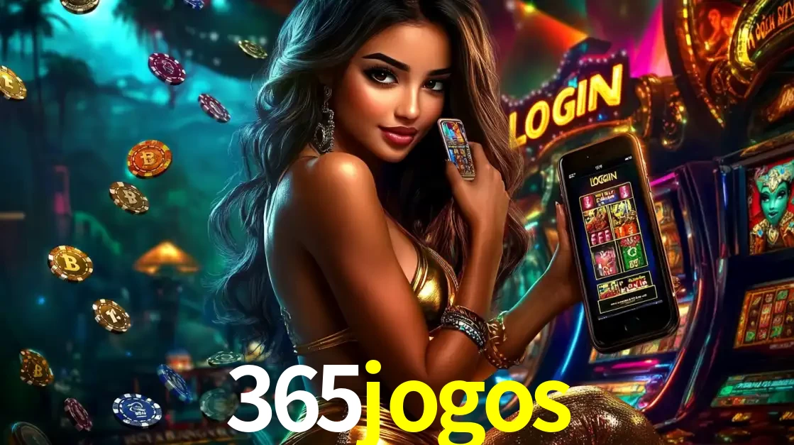 Mulher em um cenário de cassino temático de aventura, mostrando o app de caça-níqueis da 365jogos no celular. Fichas de apostas flutuam ao redor.