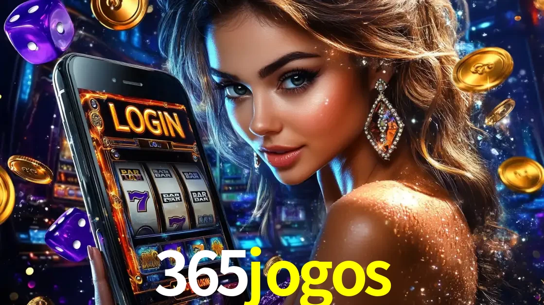 Mulher glamorosa segurando um smartphone com a tela de login para os jogos de caça-níqueis do cassino online 365jogos, com moedas de ouro e dados ao redor.