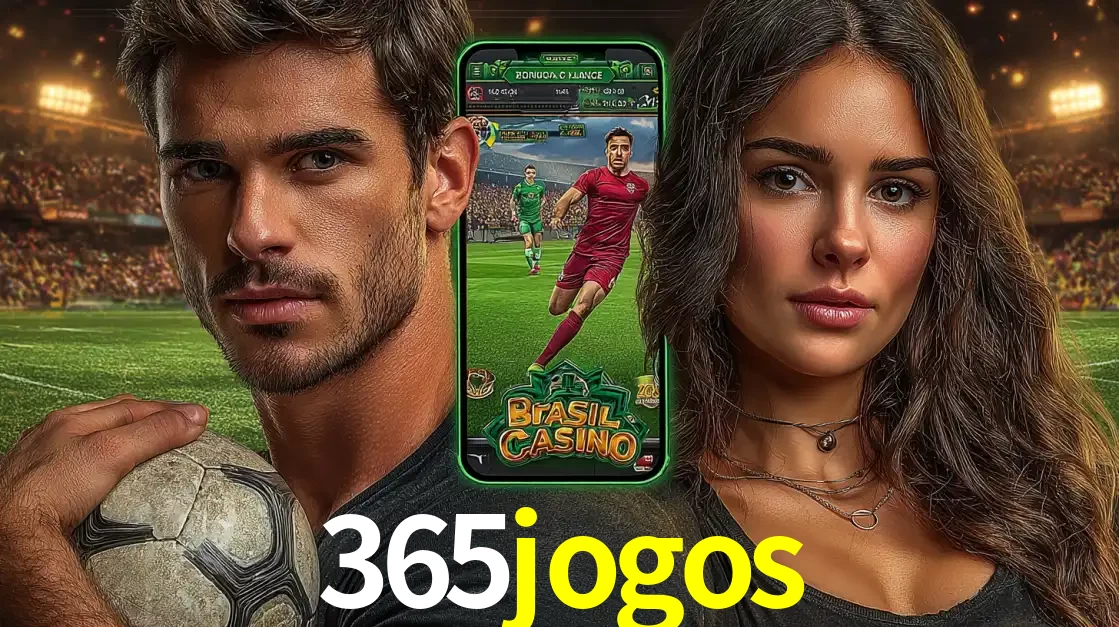 Homem segurando uma bola de futebol e uma mulher ao lado de um smartphone exibindo o jogo de apostas esportivas da 365jogos. Faça seu palpite no cassino online.